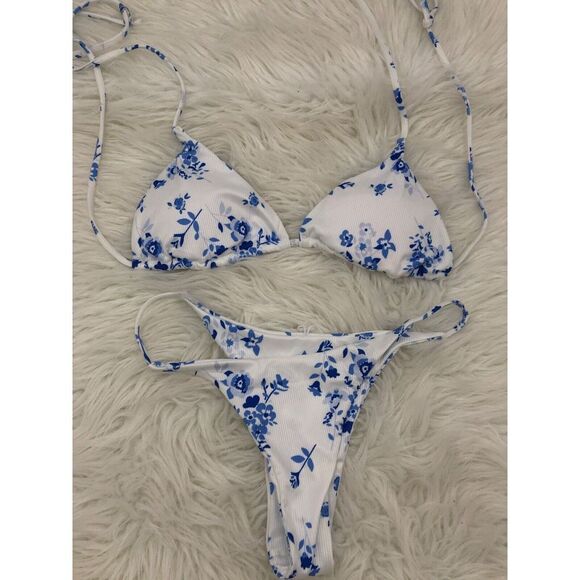Zaful Womens Blue & White Floral Bikini Set Ribbed Adjustable Straps US 4 NWOT - Picture 2 of 6